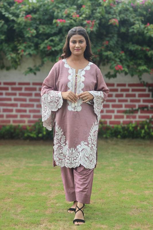 Shimmer Fabric Three-Piece Set with Bell Bottom Sleeves & U-Shape Pattern