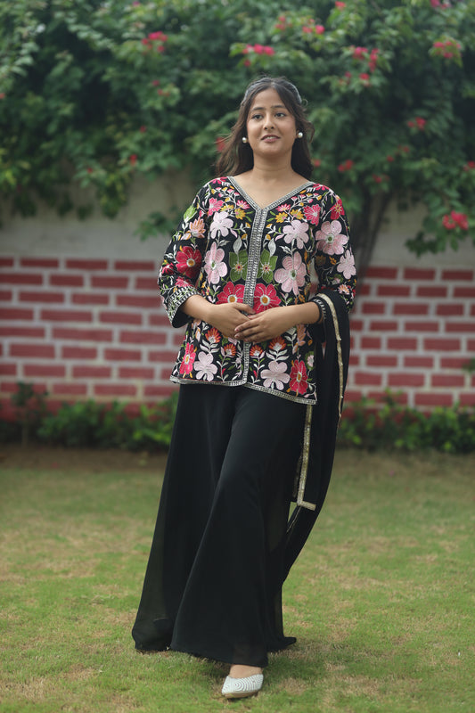 Women’s Three Piece Embroidered Sharara Set – Chiffon Fabric