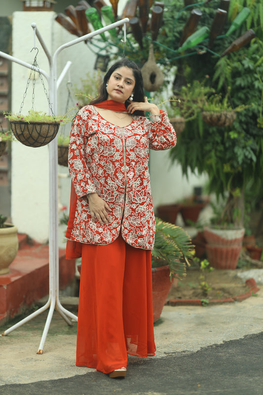 Elegant Orange Chiffon Sharara Set – Three Piece Free Size Outfit