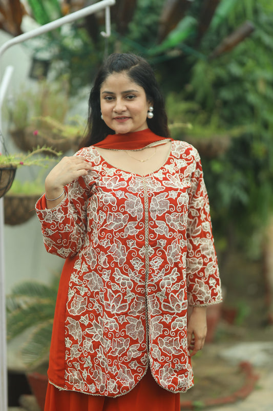 Elegant Orange Chiffon Sharara Set – Three Piece Free Size Outfit
