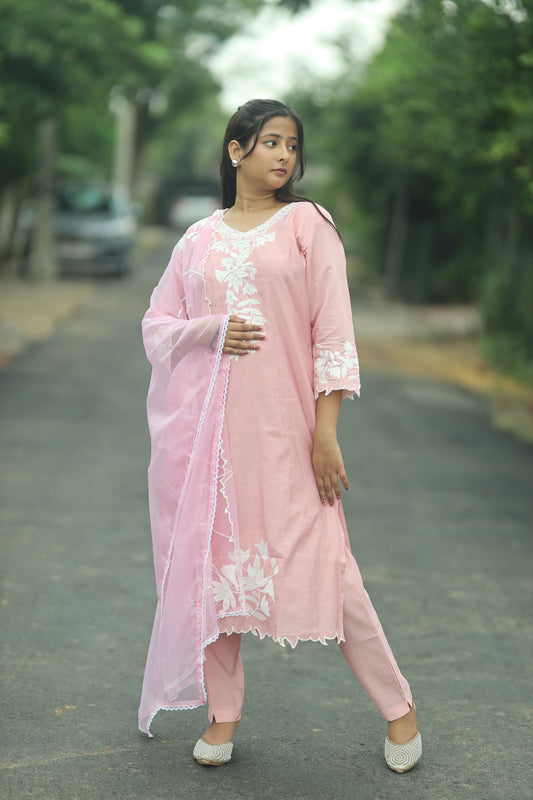 Elegant Pink Roman Silk Cut Work Three-Piece Suit with Dupatta