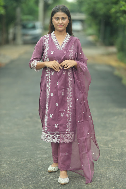Pakistani Cotton Three-Piece Suit with Tissue Dupatta