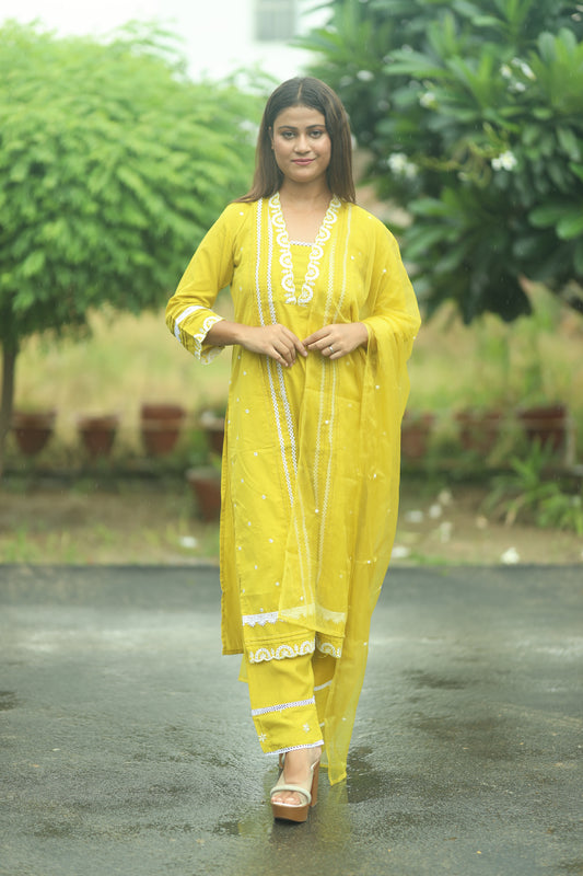 Elegant Cotton Straight Kurta Set with Tissue Dupatta – Three Piece