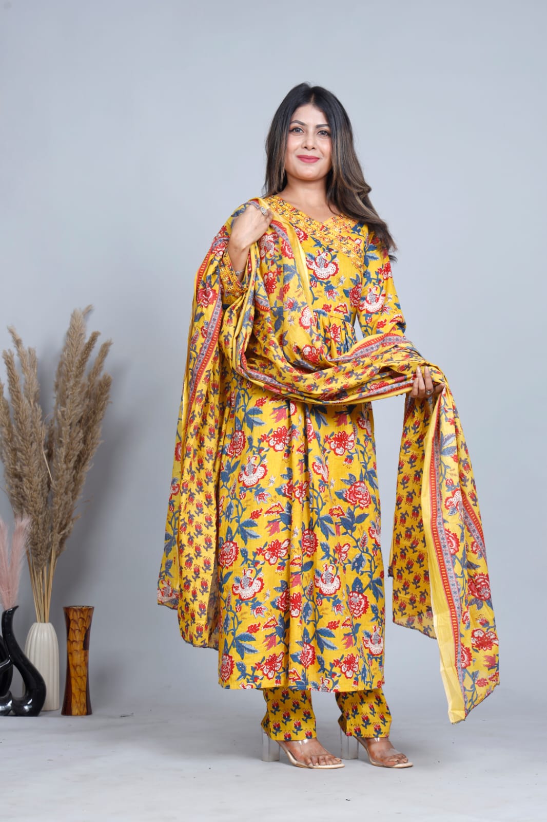 Floral Cotton Anarkali Kurta Set with Dupatta – Three Piece