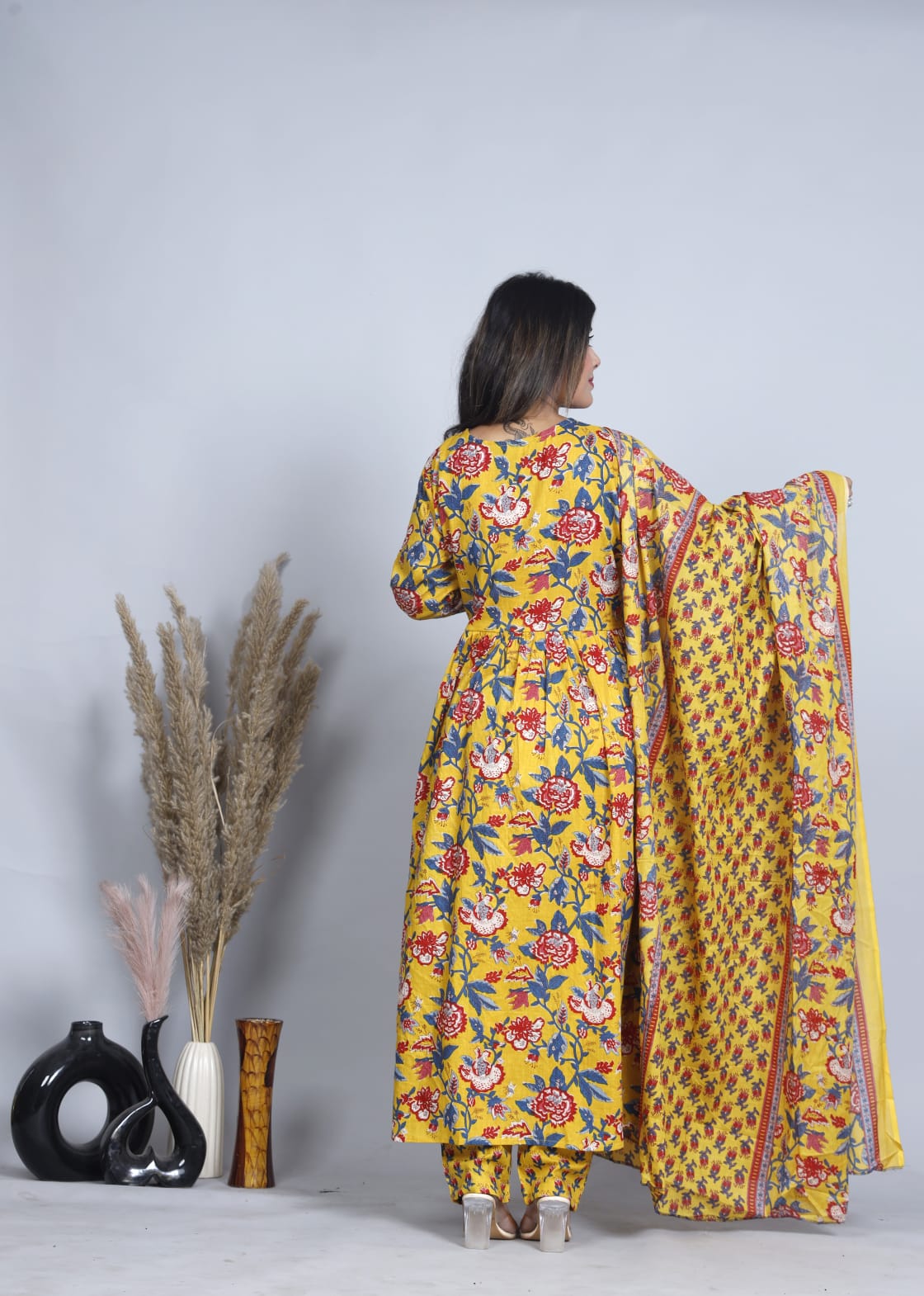 Floral Cotton Anarkali Kurta Set with Dupatta – Three Piece