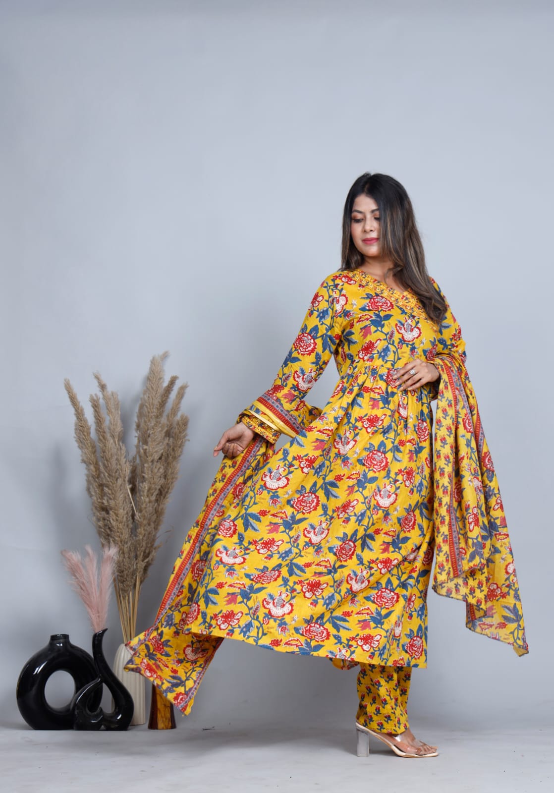 Floral Cotton Anarkali Kurta Set with Dupatta – Three Piece