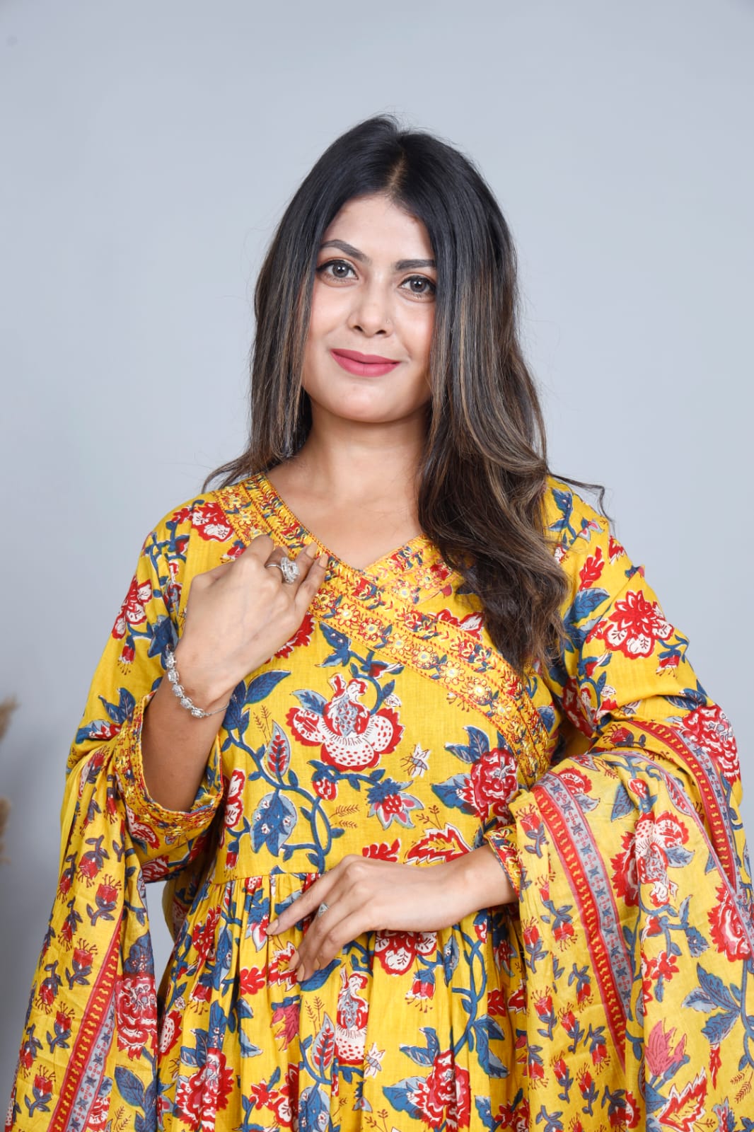 Floral Cotton Anarkali Kurta Set with Dupatta – Three Piece