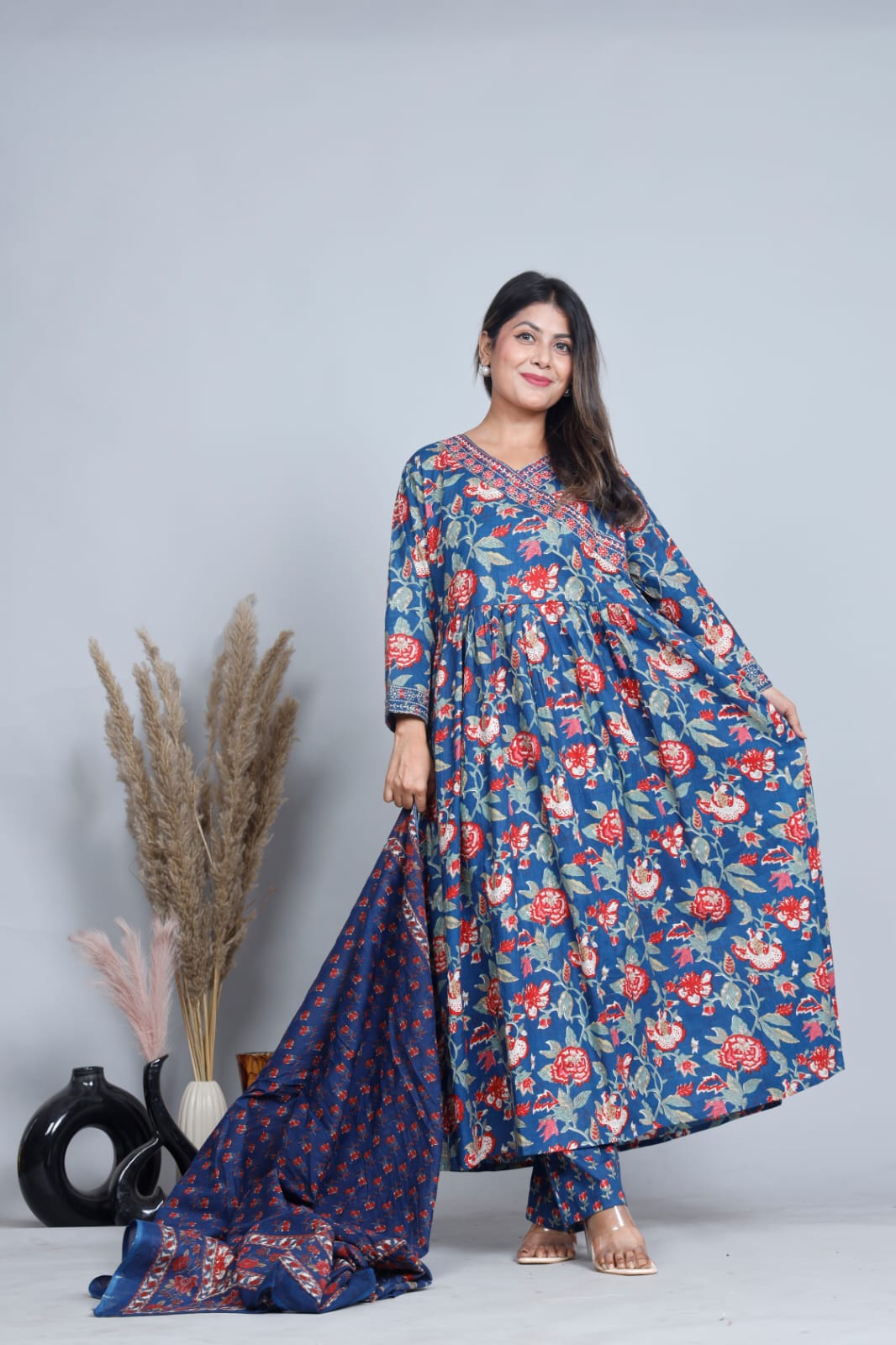 Floral Cotton Anarkali Kurta Set with Dupatta – Three Piece