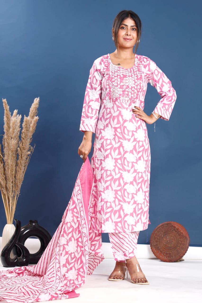 Women's Pink & White Floral Print 3-Piece Cotton Suit Set with Dupatta
