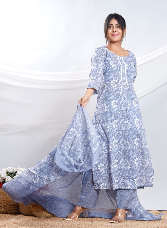 Elegant Grey Cotton Straight Kurta Set with Dupatta – Three Piece