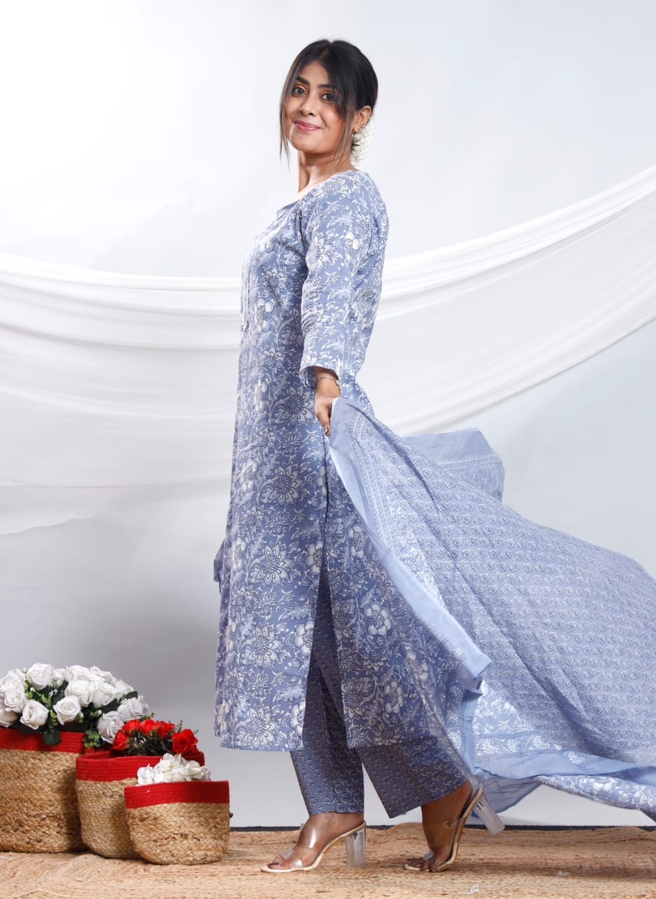 Elegant Grey Cotton Straight Kurta Set with Dupatta – Three Piece