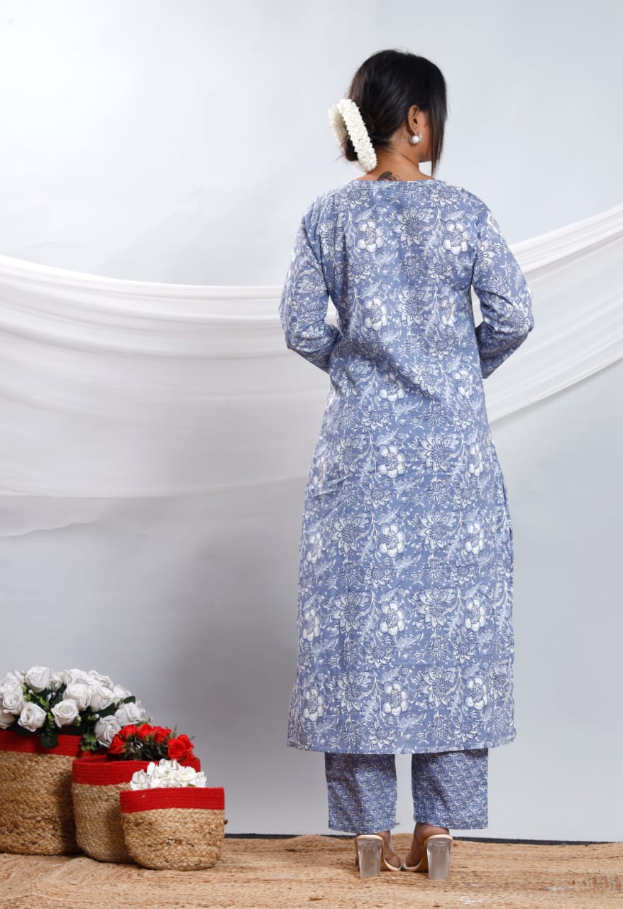 Elegant Grey Cotton Straight Kurta Set with Dupatta – Three Piece