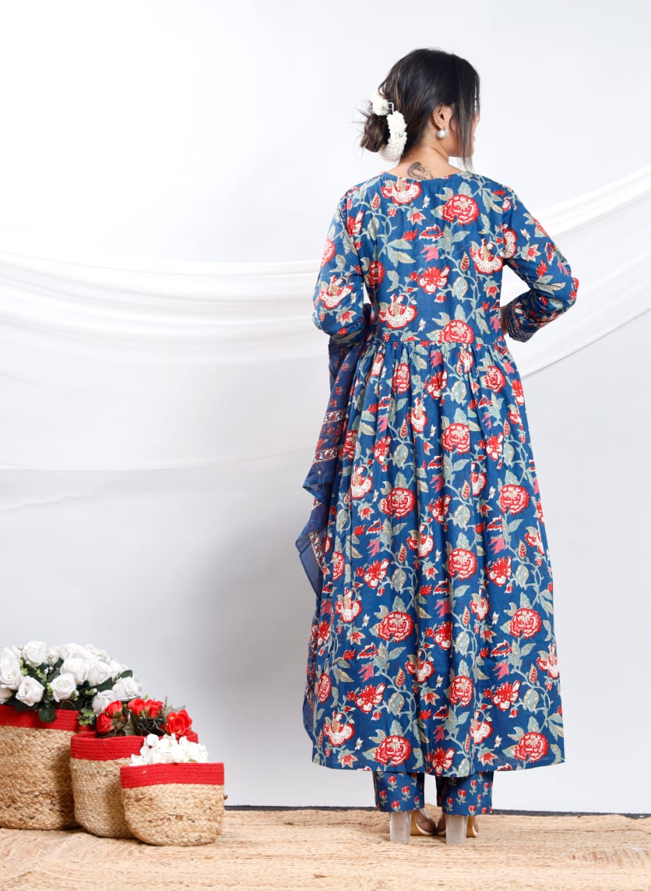 Floral Cotton Anarkali Kurta Set with Dupatta – Three Piece