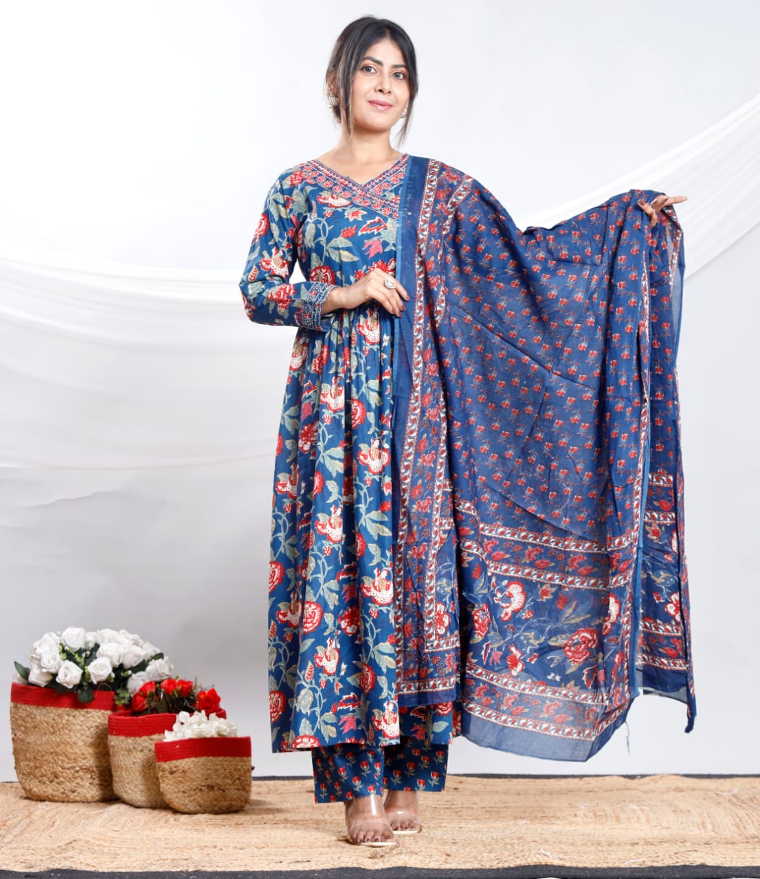 Floral Cotton Anarkali Kurta Set with Dupatta – Three Piece