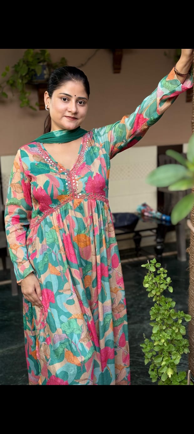 Women’s Chinon Three-Piece Suit Set with Aliya Cut Kurti & Dupatta