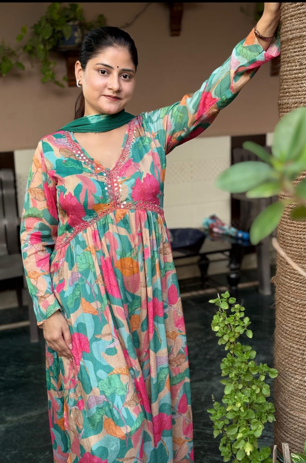 Women’s Chinon Three-Piece Suit Set with Aliya Cut Kurti & Dupatta