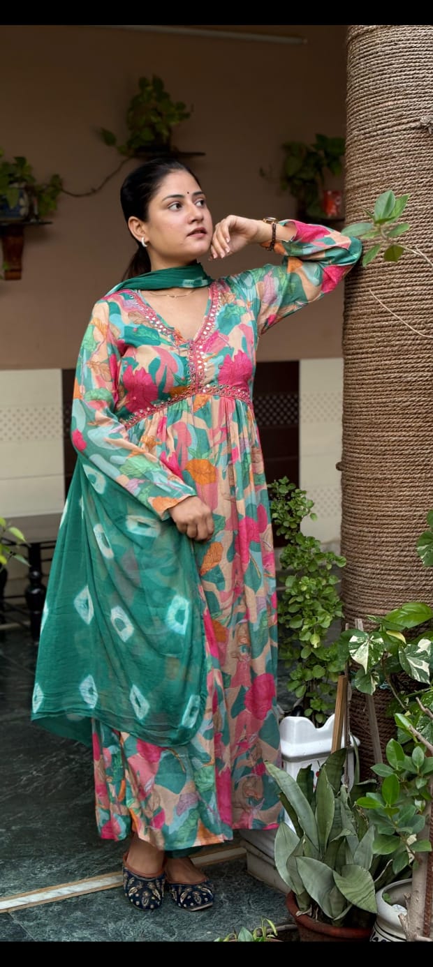 Women’s Chinon Three-Piece Suit Set with Aliya Cut Kurti & Dupatta