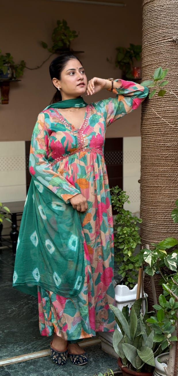 Women’s Chinon Three-Piece Suit Set with Aliya Cut Kurti & Dupatta