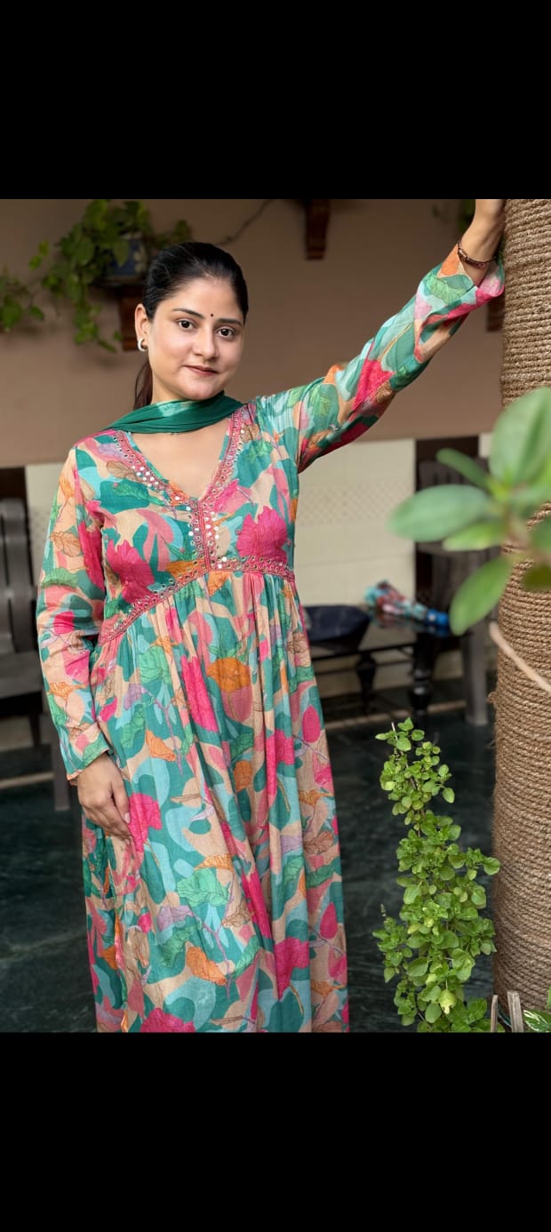 Women’s Chinon Three-Piece Suit Set with Aliya Cut Kurti & Dupatta