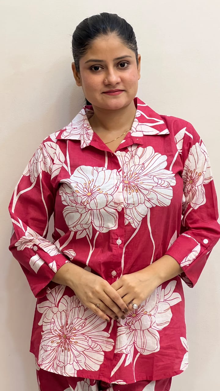 Women's Red Floral Print Cotton Cord Set