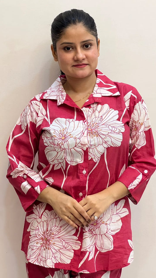 Women's Red Floral Print Cotton Cord Set