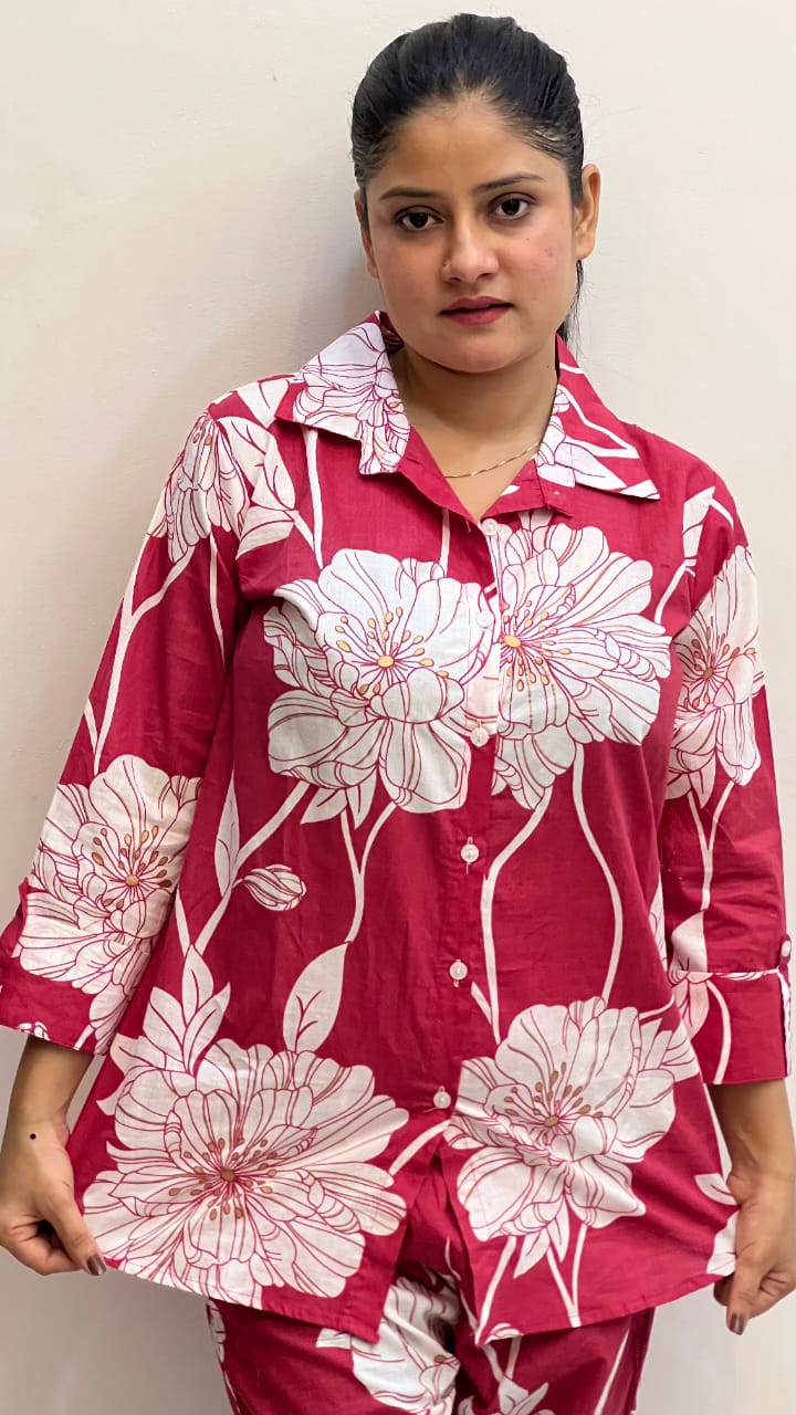 Women's Red Floral Print Cotton Cord Set