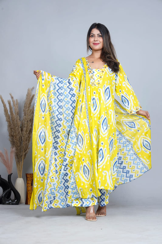 Bright Yellow Cotton A-Line Three-Piece Set with Plazo & Dupatta