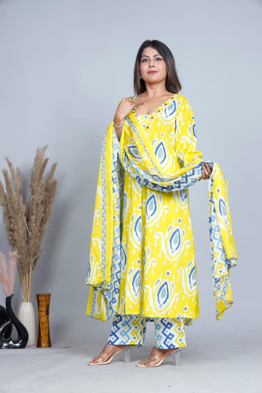 Bright Yellow Cotton A-Line Three-Piece Set with Plazo & Dupatta