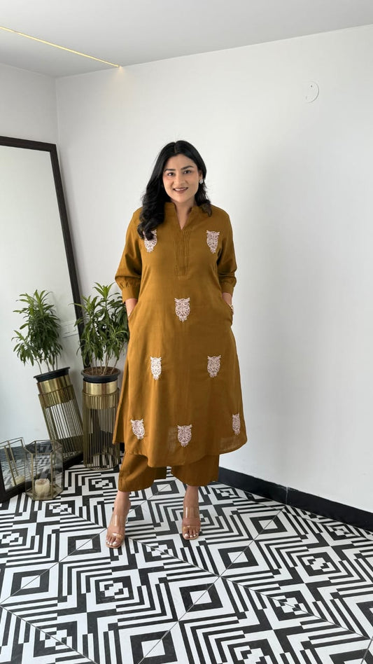 Women’s Cotton Two-Piece Kurta Set – Mustard Brown