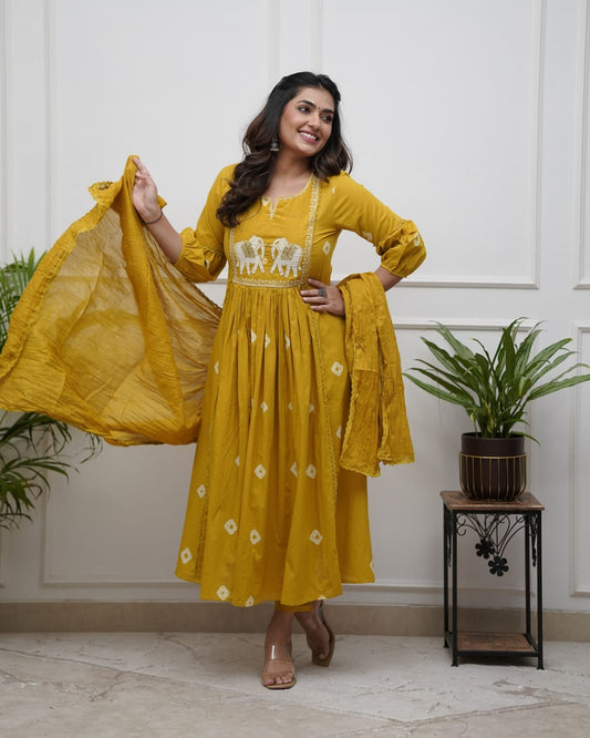 Women’s Cotton Three-Piece Dupatta Set – Mustard Yellow