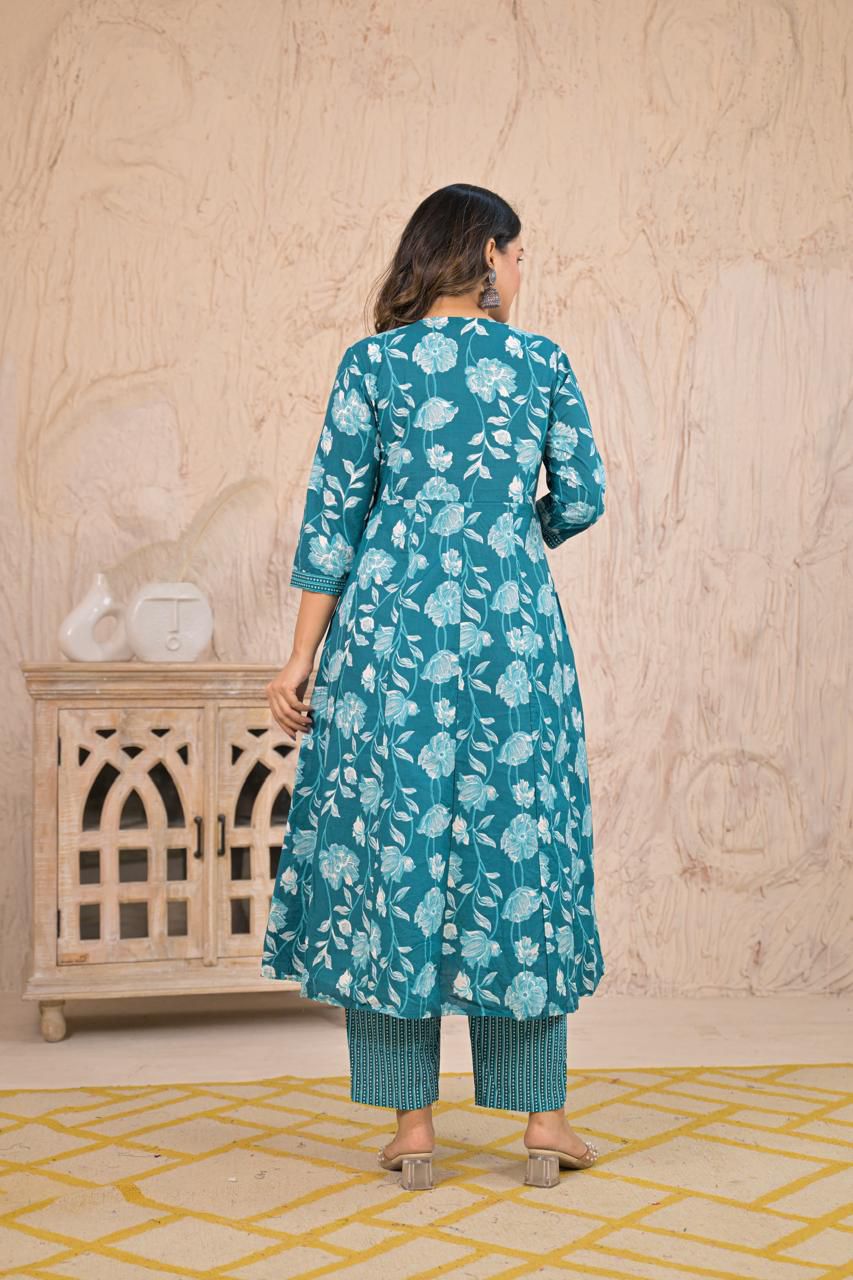 Women’s Cotton Angrakha Style Three-Piece Set with Dupatta