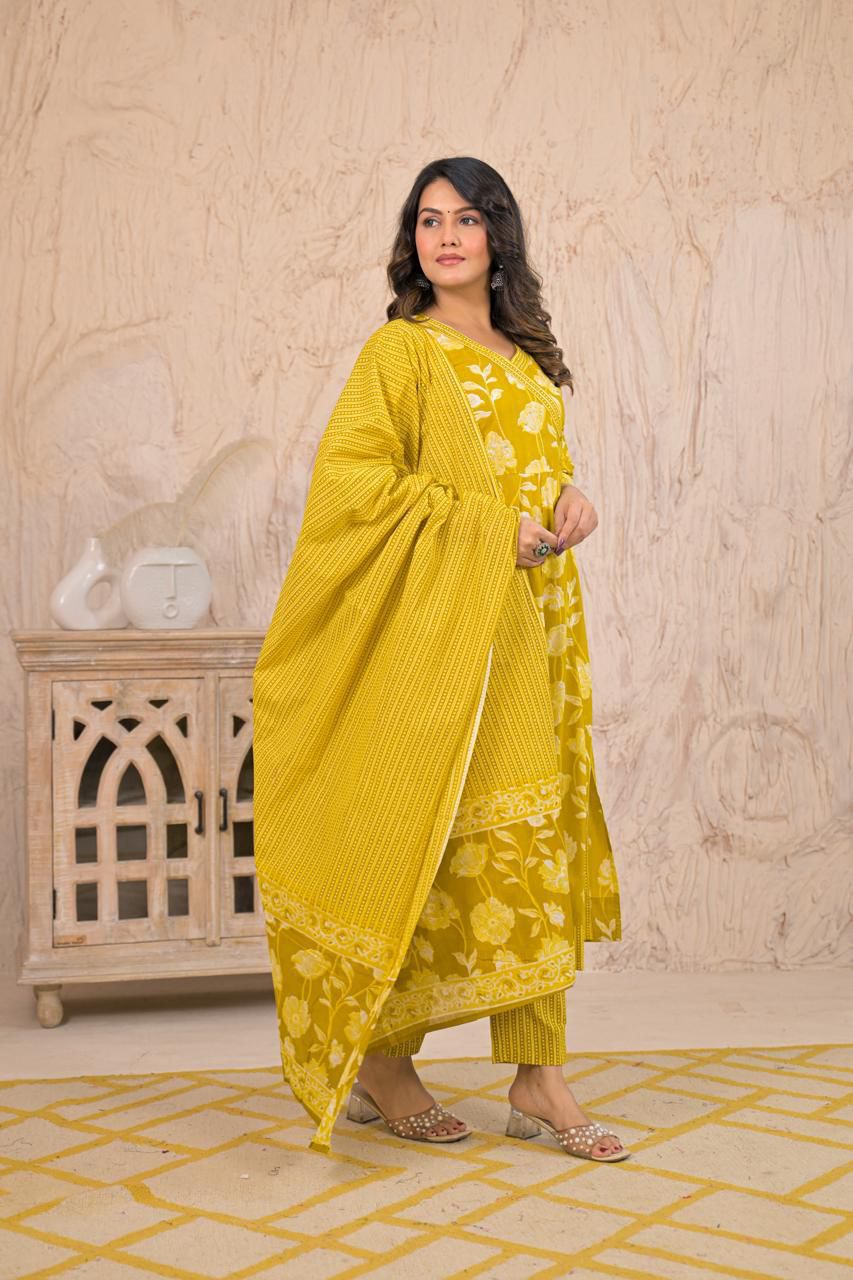 Women’s Cotton Angrakha Style Three-Piece Set with Dupatta