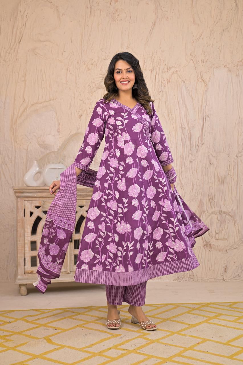 Women’s Cotton Angrakha Style Three-Piece Set with Dupatta