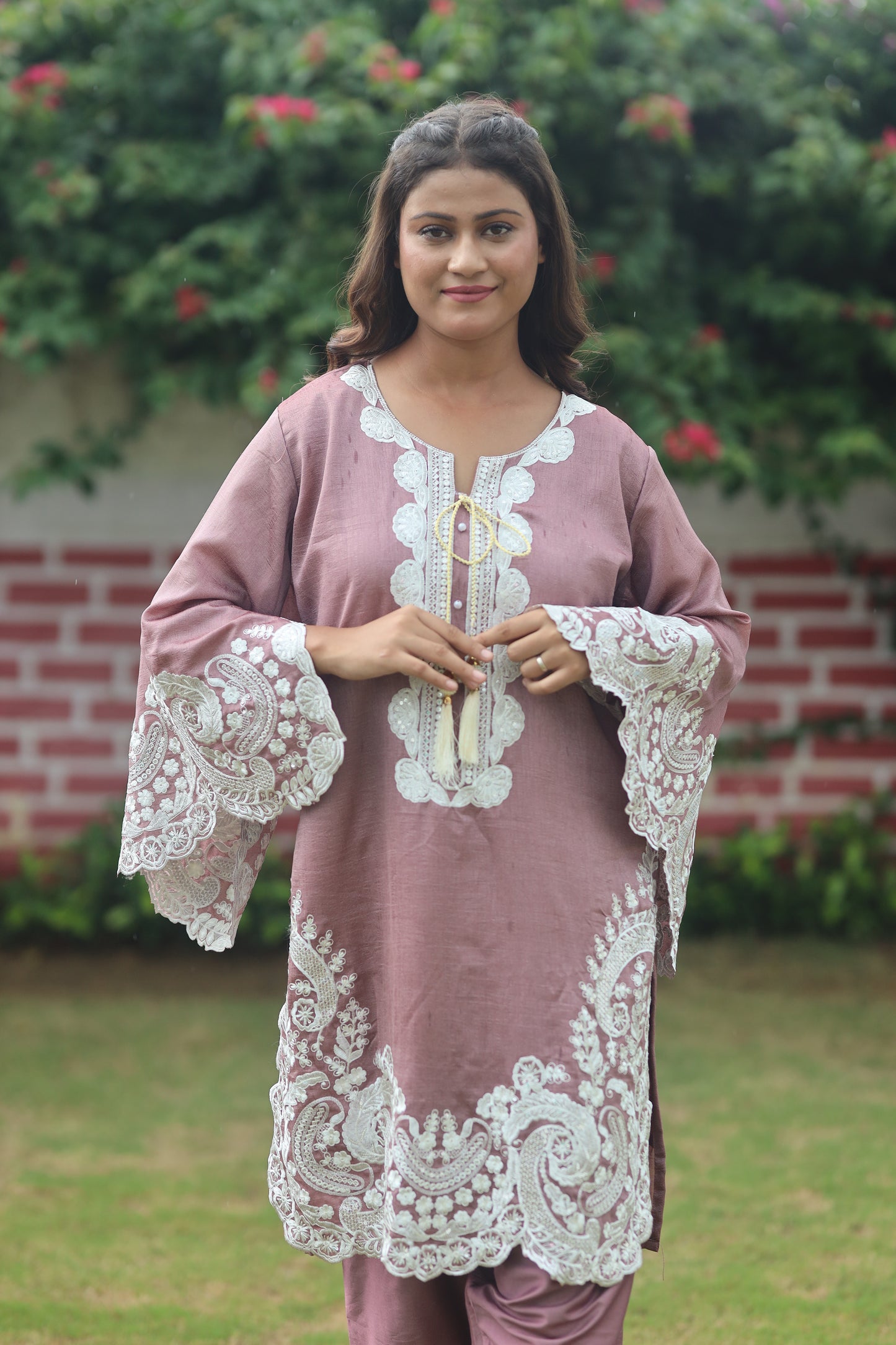 Shimmer Fabric Three-Piece Set with Bell Bottom Sleeves & U-Shape Pattern