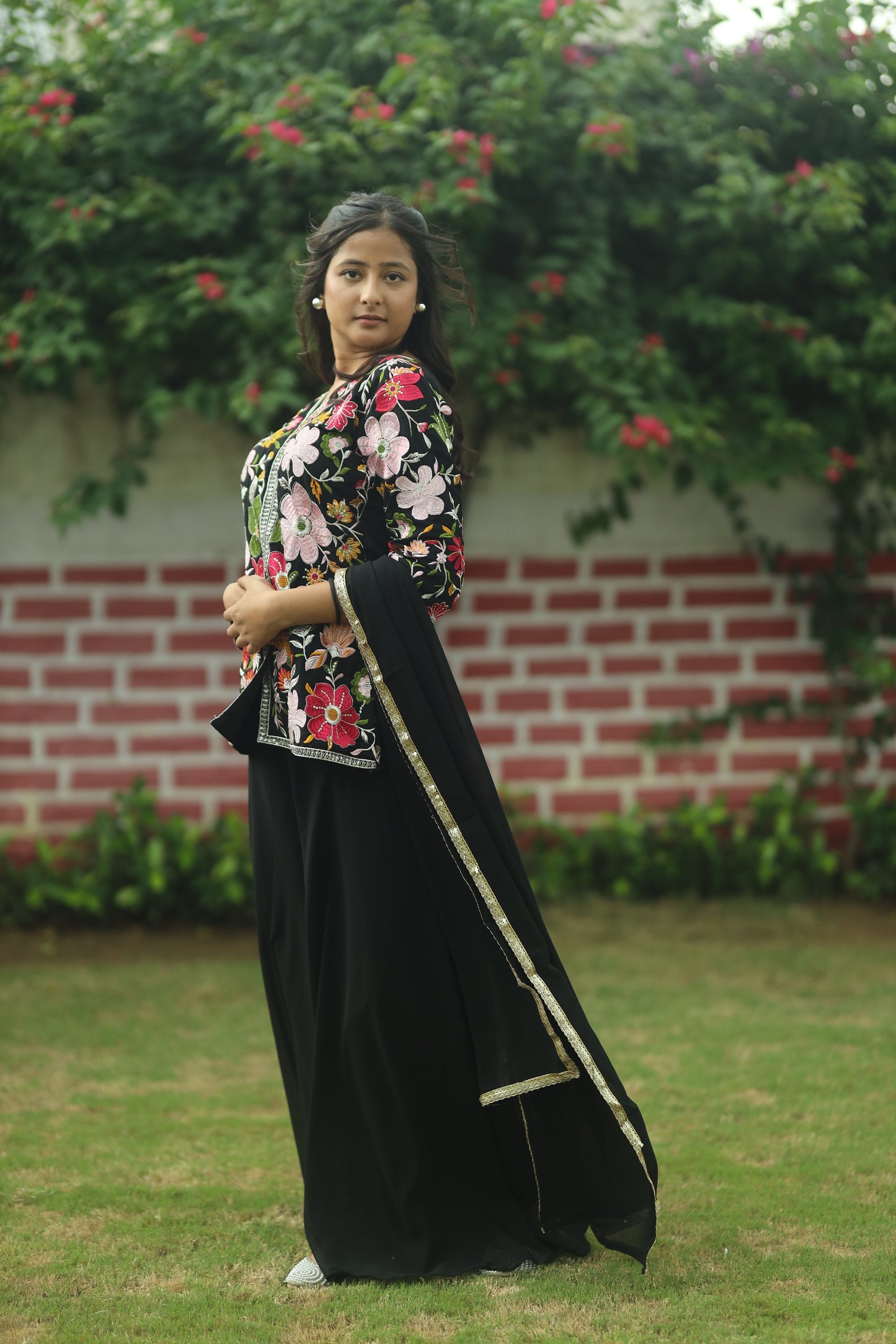 Women’s Three Piece Embroidered Sharara Set – Chiffon Fabric