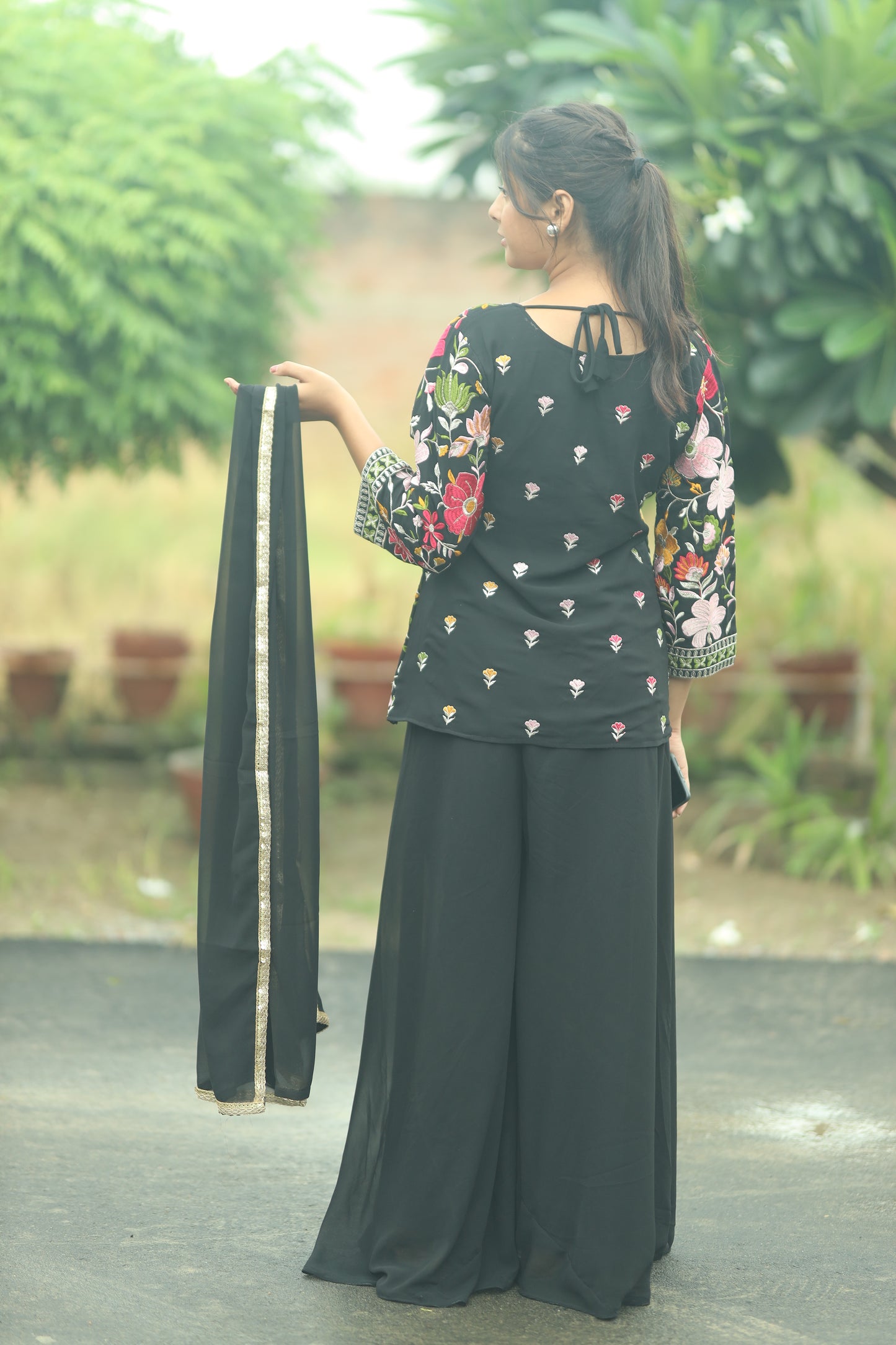 Women’s Three Piece Embroidered Sharara Set – Chiffon Fabric