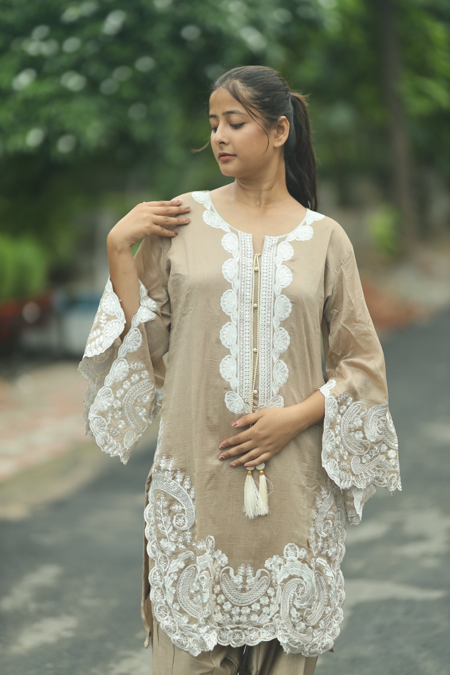 Shimmer Fabric Three-Piece Set with Bell Bottom Sleeves & U-Shape Pattern
