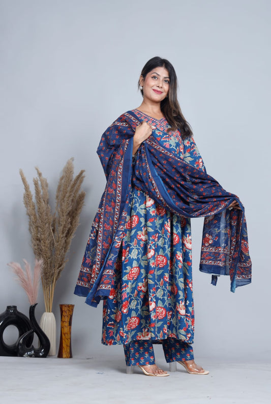 Floral Cotton Anarkali Kurta Set with Dupatta – Three Piece