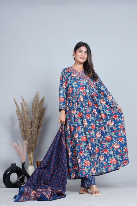 Floral Cotton Anarkali Kurta Set with Dupatta – Three Piece