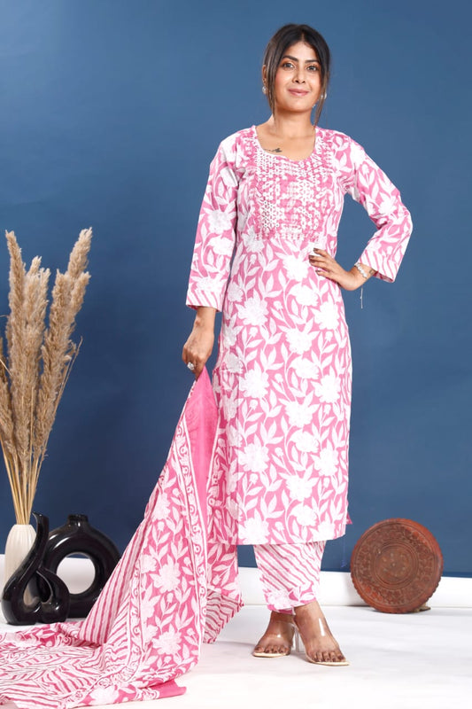 Women's Pink & White Floral Print 3-Piece Cotton Suit Set with Dupatta