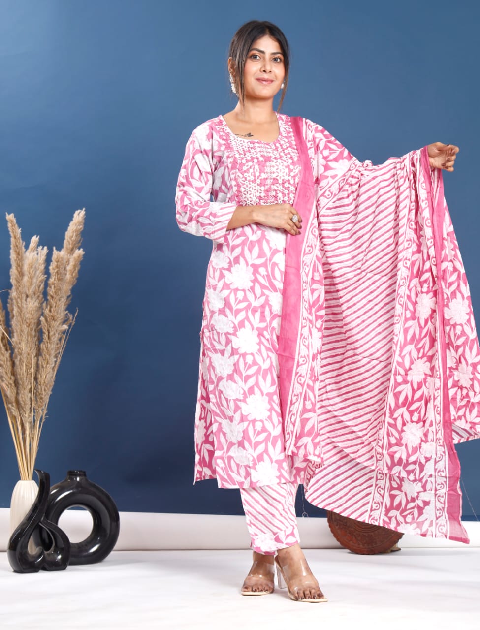 Women's Pink & White Floral Print 3-Piece Cotton Suit Set with Dupatta