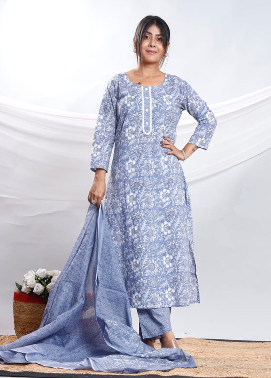 Elegant Grey Cotton Straight Kurta Set with Dupatta – Three Piece