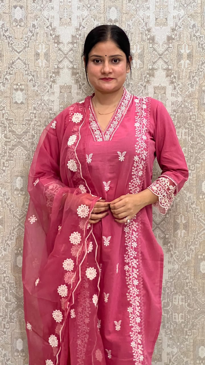 Women’s Pakistani Cotton Three-Piece Suit with Tissue Dupatta