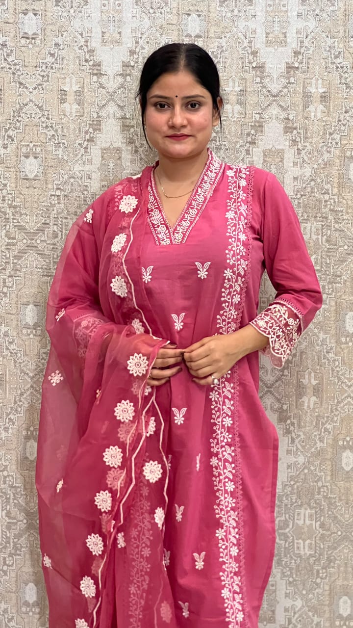 Women’s Pakistani Cotton Three-Piece Suit with Tissue Dupatta