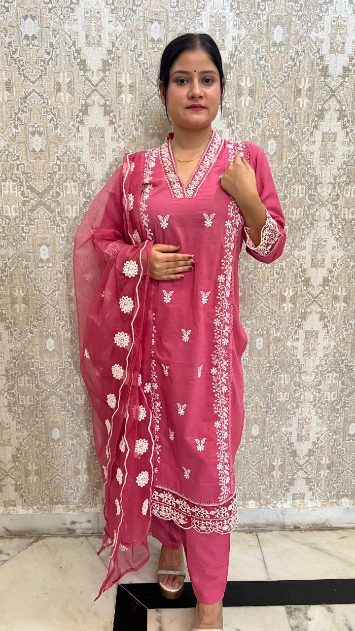 Women’s Pakistani Cotton Three-Piece Suit with Tissue Dupatta
