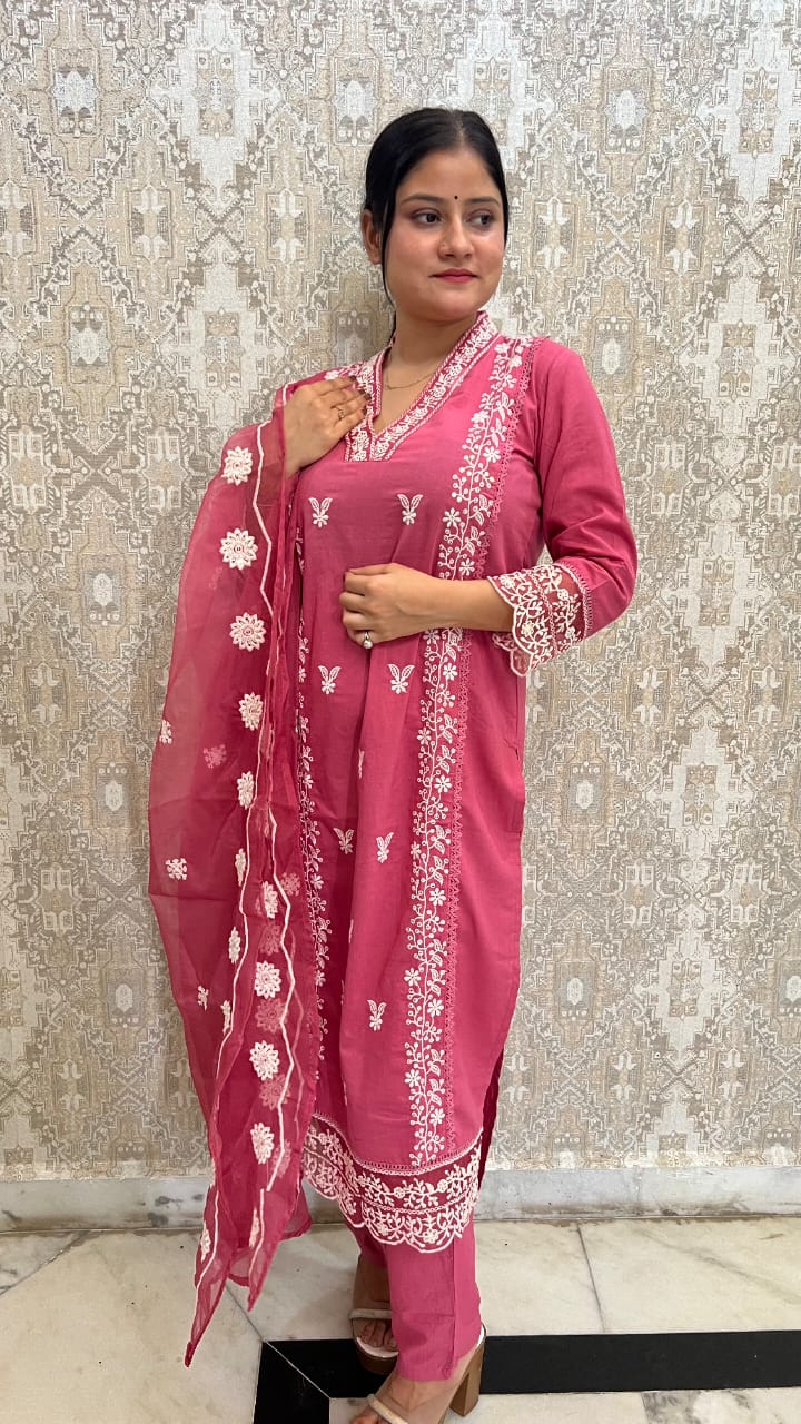 Women’s Pakistani Cotton Three-Piece Suit with Tissue Dupatta