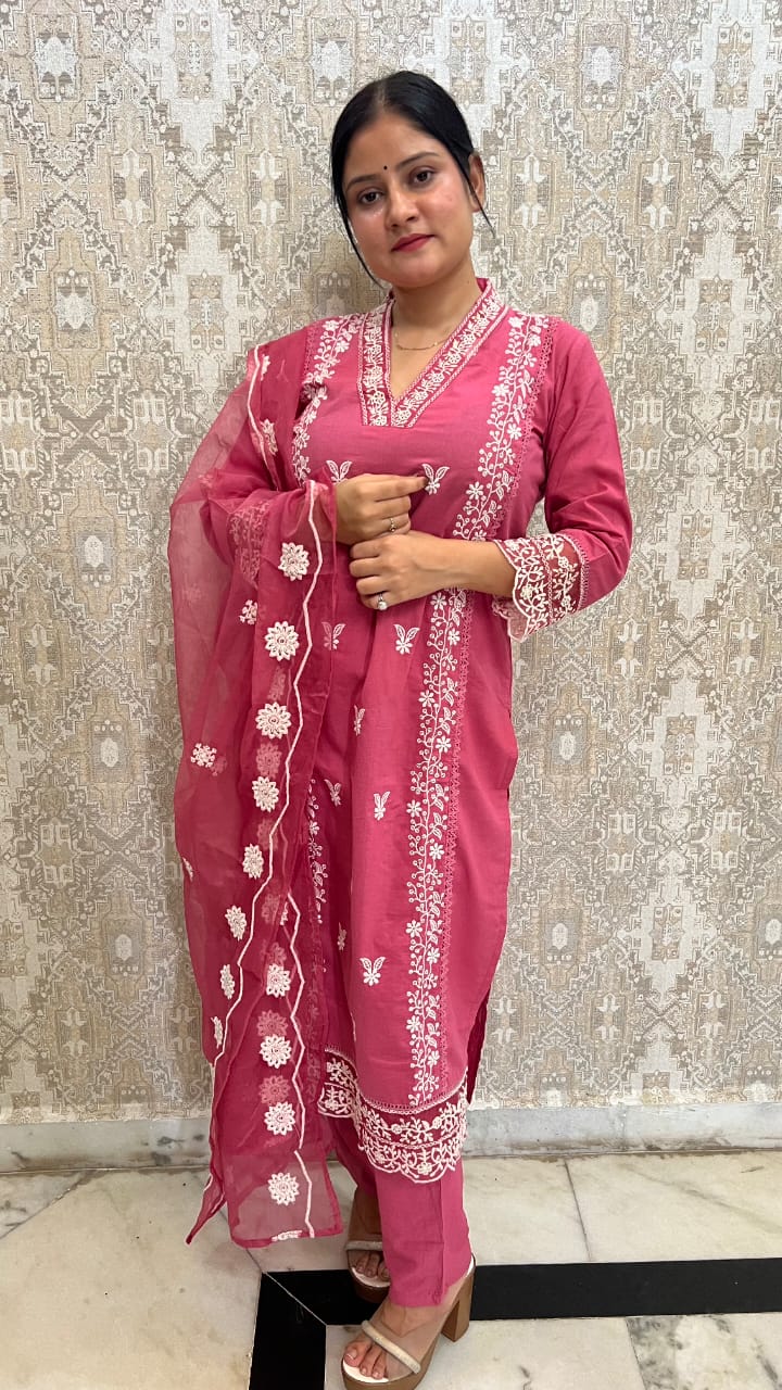 Women’s Pakistani Cotton Three-Piece Suit with Tissue Dupatta