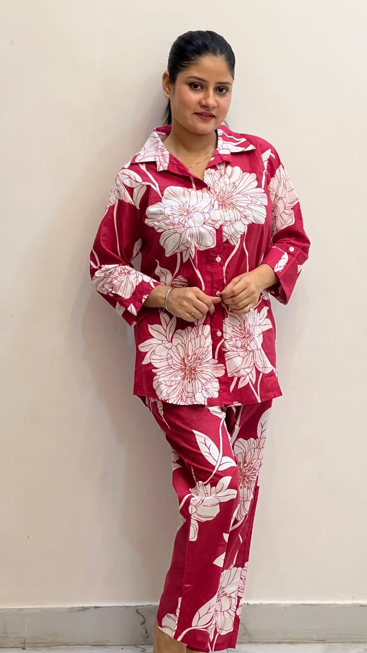 Women's Red Floral Print Cotton Cord Set