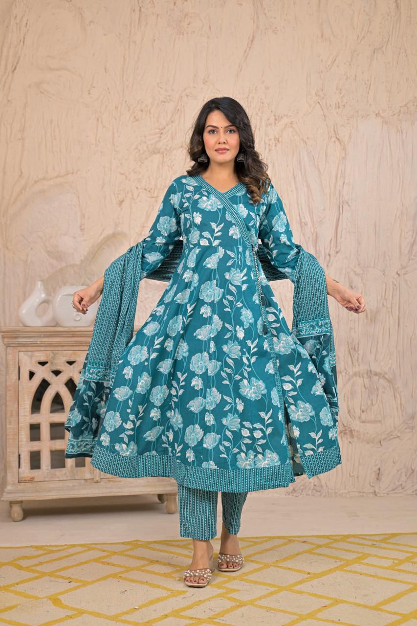 Women’s Cotton Angrakha Style Three-Piece Set with Dupatta