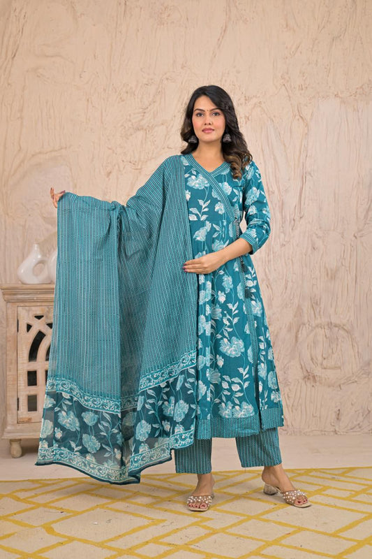 Women’s Cotton Angrakha Style Three-Piece Set with Dupatta